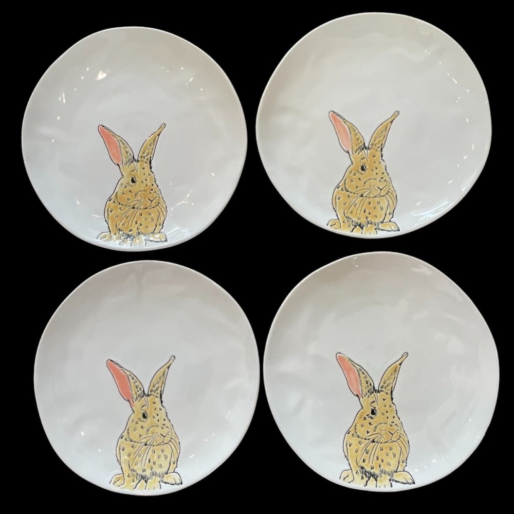 ELI & ANA Handmade Ceramics (4) White EASTER BUNNY RABBIT 11" Dinner Plates  NEW